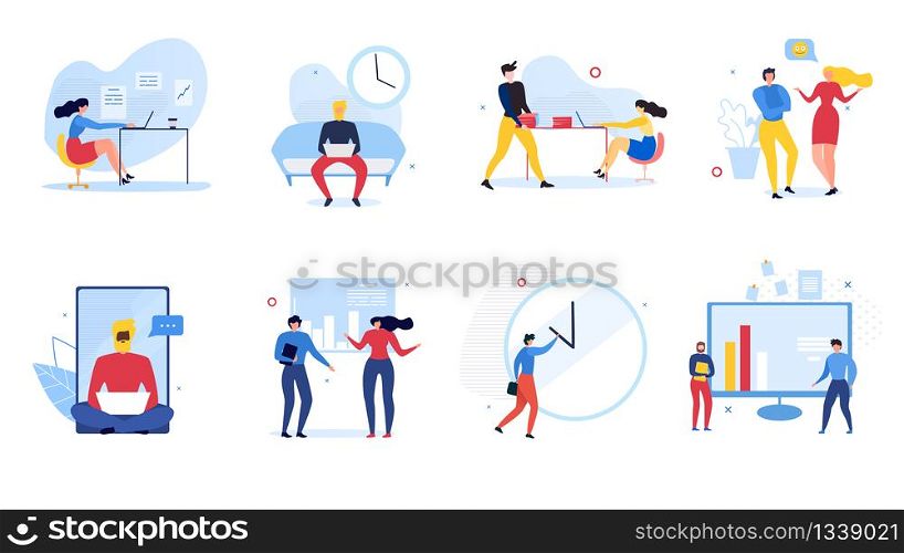 Cartoon People Communication Set. Vector Male and Female Community, Business Person Use Gadgets and Modern Technology for Chatting and Conversation Flat Illustration. Business Startup, Work Moments. Cartoon People Communication Set Illustration