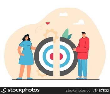 Cartoon people connecting two pieces of target puzzle. Man and woman completing career challenge together flat vector illustration. Teamwork, communication concept for banner or landing web page