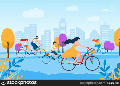 Cartoon People Cycling in Park. City Building Panorama Vector Illustration. Family with Children Tandem Bike. Girl Ride Bicycle. Boy Bycyclist Man Cyclist. Active Leisure Healthy Lifestyle Outdoors. Cartoon Man Woman Family Cycling in City Park