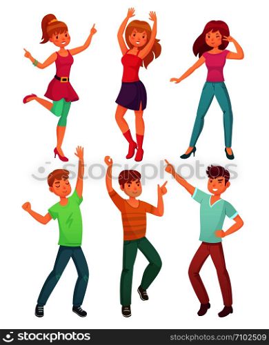 Cartoon people dance. Adult persons smiling and teens dancing at young fun friends disco company party. Funny partying person teen happy dancer poses colorful vector illustration isolated icon set. Cartoon people dance. Adult persons smiling and dancing at disco party. Funny partying person vector illustration set
