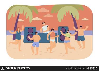 Cartoon people dancing on summer beach. Flat vector illustration. Friends having fun during tropical party with DJ and sunset in background. Music, party, friendship, seaside concept for banner design