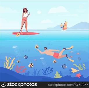 Cartoon people doing different water sports at sea. Woman SUP surfing, man diving, person windsurfing flat vector illustration. Summer, vacation concept for banner, website design or landing web page