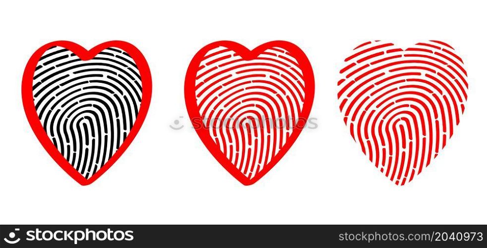 Cartoon people fingerprint or finger print with love heart pictogram. Human fingerprints icon. Happy valentines day on february 14 ( valentine, valentines day ). Fun vector romance or romantic quote. Flat vector sign.