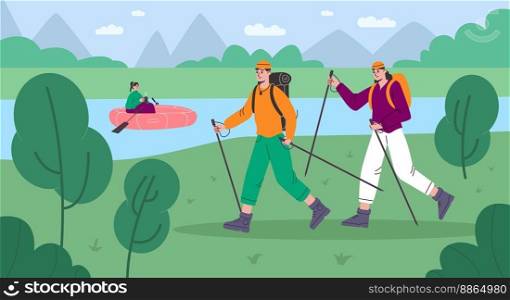 Cartoon people hike. Happy tourists engaged in Scandinavian walking. Outdoor sport activities. Girl in river boat. Travellers couple together in nature. Active rest. Scenic landscape. Vector concept. Cartoon people hike. Happy tourists engaged in Scandinavian walking. Outdoor sport activities. Girl in river boat. Travellers couple together in nature. Scenic landscape. Vector concept