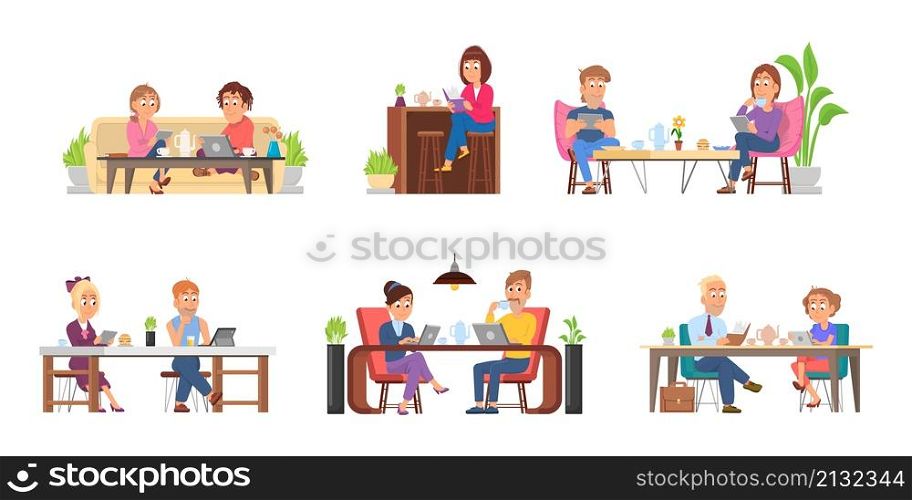 Cartoon people in cafe. Meeting in restaurant, girlfriend eat at table with friend. Drink time, office dinner. Business partners lunch decent vector scenes. Illustration of cafe meeting together. Cartoon people in cafe. Meeting in restaurant, girlfriend eat at table with friend. Drink time, office dinner. Business partners lunch decent vector scenes