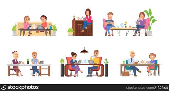 Cartoon people in cafe. Meeting in restaurant, girlfriend eat at table with friend. Drink time, office dinner. Business partners lunch decent vector scenes. Illustration of cafe meeting together. Cartoon people in cafe. Meeting in restaurant, girlfriend eat at table with friend. Drink time, office dinner. Business partners lunch decent vector scenes