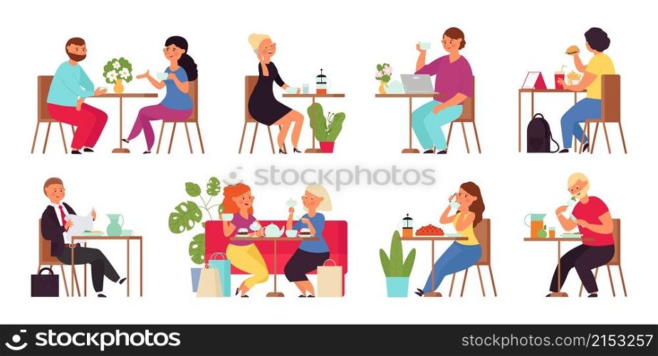 Cartoon people in cafe. Restaurant group, shopping friends drinking. Woman with laptop. Couple drink coffee, work meet on lunch decent vector scenes. Illustration cafe, people drink tea or coffee. Cartoon people in cafe. Restaurant group, shopping friends drinking. Woman with laptop. Couple drink coffee, work meet on lunch decent vector scenes