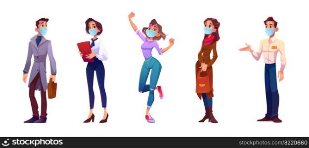 Cartoon people in face masks, young men and women characters isolated set on white background, businessman, waiter, administrator, cheerful teenage girl and serious woman in coat, Vector illustration. Cartoon people in face masks, young men and women