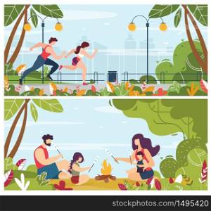 Cartoon People in Sportswear Jogging in Park. Happy Family with Cheerful Children Resting near Bonfire and Frying Marshmallow. Flat Summertime Activities Flat Set. Cartoon Vector Illustration. People Jogging in Park, Resting near Bonfire Set