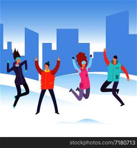 Cartoon people in winter clothes on city landscape jumping. Happy merry christmas holiday vacation vector concept illustration. Cartoon people in winter clothes on city landscape