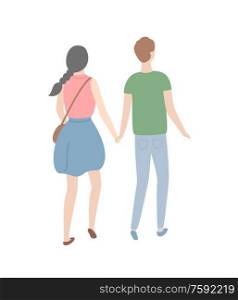 Cartoon people isolated man and woman back view. Vector girl with braid and boy in green t-shirt, teenagers holding hands isolated. Couple in love, male and female. Cartoon People Isolated Man and Woman Back View