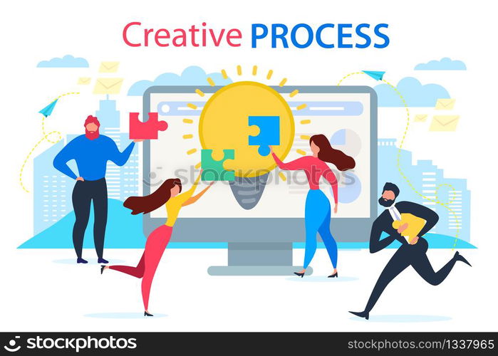 Cartoon People Join Jigsaw Puzzle Parts. Creative Process Vector Illustration. Bulb Idea Computer Screen. Businessman Character, Male Female Group Brainstorming. Cooperation Communication. Cartoon People Join Jigsaw Puzzle Creative Process