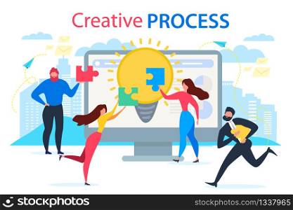 Cartoon People Join Jigsaw Puzzle Parts. Creative Process Vector Illustration. Bulb Idea Computer Screen. Businessman Character, Male Female Group Brainstorming. Cooperation Communication. Cartoon People Join Jigsaw Puzzle Creative Process