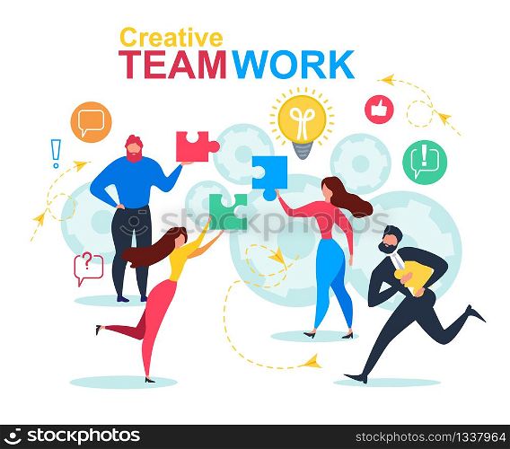 Cartoon People Join Puzzle Element. Creative Teamwork Vector Illustration. Bulb Idea, Gears, Communication Connection. Man and Woman Team Together. Meeting Brainstorming Cooperation Metaphor. Cartoon People Puzzle Element Creative Teamwork