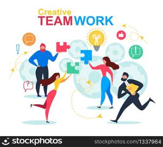 Cartoon People Join Puzzle Element. Creative Teamwork Vector Illustration. Bulb Idea, Gears, Communication Connection. Man and Woman Team Together. Meeting Brainstorming Cooperation Metaphor. Cartoon People Puzzle Element Creative Teamwork
