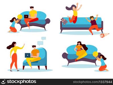Cartoon People Leisure at Home. Family Indoors Vector Illustration. Man with Notebook Internet Browsing. Woman Read Book, Children Play. Mother Father in Living Room Sit Couch Rest. Kids Boy Girl Game. Cartoon People Leisure at Home Family Indoors