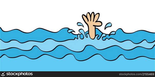 Cartoon people, man or woman and his hand drowning, needing help. Drowning victims. Failure and rescue concept. Verctor sea, water symbol or icon. In case of emergency, sos call.