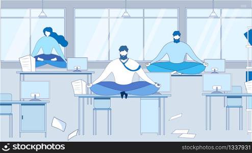 Cartoon People Meditating Sit on Table at Office Workplace Vector Illustration. Work Pause Relaxation, Stress Relief, Energy Recharge. Healthy Habit Break, Calm Mind. Company Employee Rest. Cartoon People Meditate on Table Office Workplace