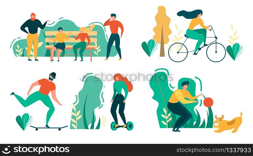 Cartoon People Outdoors Activity. Man and Woman Talk on Bench, Park Walk, Cycling, Ride Skateboard Hoverboard, Play with Dog Pet Vector Illustration. People Recreation Sport Training Healthy Lifestyle. Cartoon People Outdoors Activity Sport Recreation