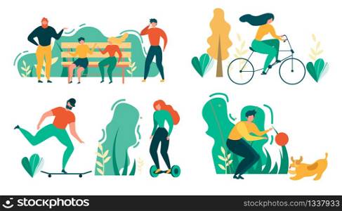 Cartoon People Outdoors Activity. Man and Woman Talk on Bench, Park Walk, Cycling, Ride Skateboard Hoverboard, Play with Dog Pet Vector Illustration. People Recreation Sport Training Healthy Lifestyle. Cartoon People Outdoors Activity Sport Recreation