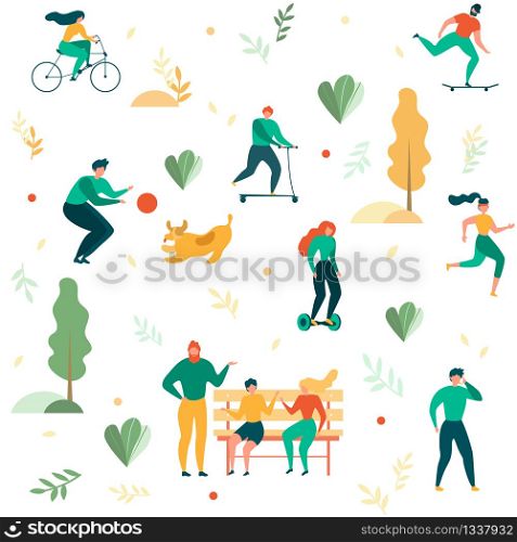 Cartoon People Outdoors Recreation in Park Seamless Pattern. Man and Woman Talk, Walk, Cycling, Ride Skateboard and Hoverboard, Play with Dog Vector Illustration. Sport Activity Healthy Life. Cartoon People Outdoors Recreation in Park Pattern