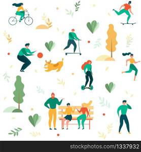Cartoon People Outdoors Recreation in Park Seamless Pattern. Man and Woman Talk, Walk, Cycling, Ride Skateboard and Hoverboard, Play with Dog Vector Illustration. Sport Activity Healthy Life. Cartoon People Outdoors Recreation in Park Pattern