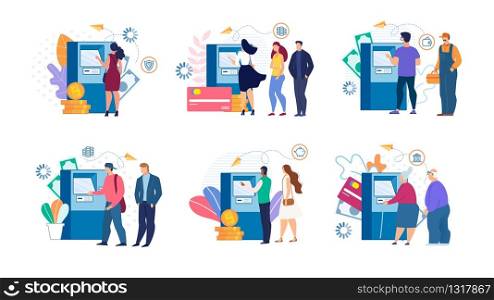 Cartoon People Queue and Cashing Money at ATM Machine Set. Young, Adult, Senior Man and Woman Performing Financial Transactions. Deposit, Withdrawal, Payment, Transfer. Vector Flat Illustration. Cartoon People and Cashing Money at ATM Set