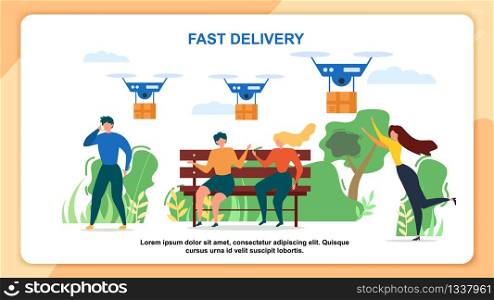 Cartoon People Recieve Mail Package. Fast Delivery Vector Illustration. Air Dron Shipping, Quadcopter Device Flying, Multicopter Transportation Service. Express Shopment. Future Technology. Cartoon People Recieve Mail Package Fast Delivery