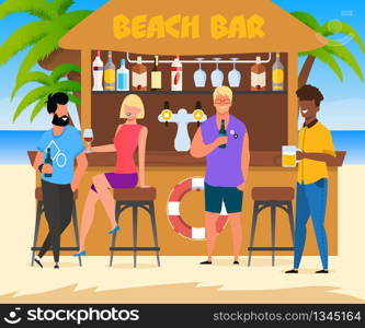 Cartoon People Relax at Beach Bar Illustration. Vector Male and Female Group Drinking Beer and Wine. Friends Enjoying Summer Vacation in Tropical Country. Sea Resort. Tropical Paradise and Recreation. Cartoon People Relax at Beach Bar Illustration