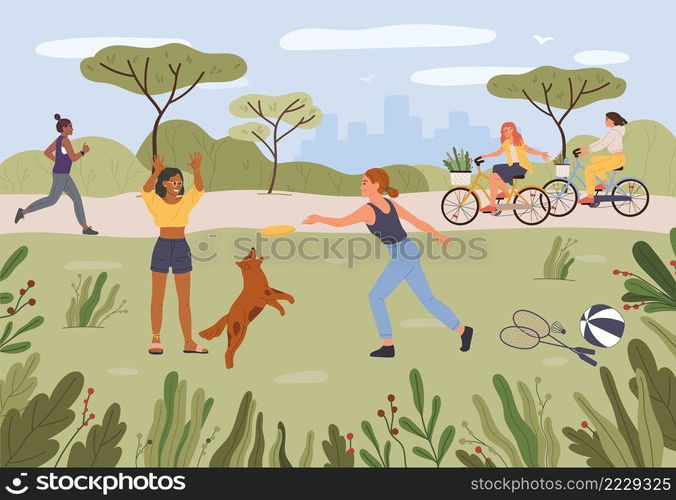 Cartoon people relaxing in park. Girls playing frisbee with dog pet on lawn. Female friends riding bicycle with baskets. Woman running outdoor. Active and healthy lifestyle outside vector. People relaxing in park. Girls playing frisbee with dog pet. Female friends riding bicycle with baskets