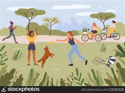 Cartoon people relaxing in park. Girls playing frisbee with dog pet on lawn. Female friends riding bicycle with baskets. Woman running outdoor. Active and healthy lifestyle outside vector. People relaxing in park. Girls playing frisbee with dog pet. Female friends riding bicycle with baskets
