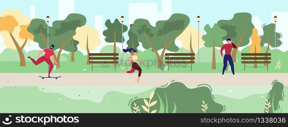 Cartoon People Resting in City Park Illustration. Vector Man Talking on Phone, Bearded Guy Riding Skateboard, Sporty Woman Jogging. Summer Recreation. Outdoors Leisure. Healthy Lifestyle. Cartoon People Resting in City Park Illustration