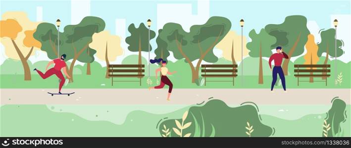 Cartoon People Resting in City Park Illustration. Vector Man Talking on Phone, Bearded Guy Riding Skateboard, Sporty Woman Jogging. Summer Recreation. Outdoors Leisure. Healthy Lifestyle. Cartoon People Resting in City Park Illustration