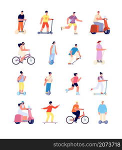 Cartoon people ride. Man on bicycle, urban activity. Isolated person riding bike, sport travellers on electric motorbike vector characters. Bicycle people, sport cyclist and cycling transportation. Cartoon people ride. Man on bicycle, urban lifestyle activity. Isolated person riding bike, sport travellers on electric motorbike utter vector characters