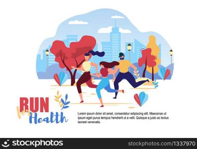 Cartoon People Run for Health on City Street Road Vector Illustration. Man Woman Jogging Outdoors in Town Park. Healthy Lifestyle, Physical Activity, Cardio Workout, Body Care, Group Training. Cartoon People Run for Health City Street Road