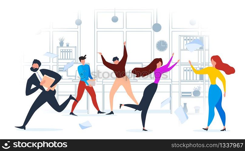 Cartoon People Run in Office. Alarm Deadline Pressure Vector Illustration. Busy Businessman, Woman Stress Problem, Unhappy Man Worker. Room Interior Computer Paper Stack Table. Paperwork Overload. Cartoon People Alarm Office Run Deadline Pressure
