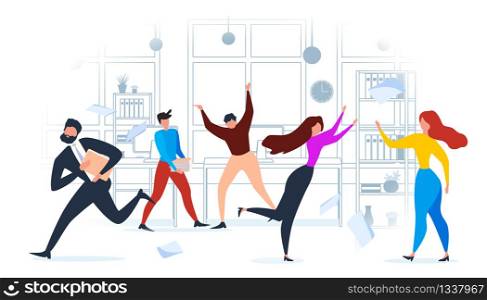 Cartoon People Run in Office. Alarm Deadline Pressure Vector Illustration. Busy Businessman, Woman Stress Problem, Unhappy Man Worker. Room Interior Computer Paper Stack Table. Paperwork Overload. Cartoon People Alarm Office Run Deadline Pressure