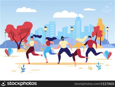 Cartoon People Run in Park. Sport Competition Vector Illustration. Man Woman Group Jogging Outdoors. City Street Marathon. Healthy Lifestyle, Physical Training, Cardio Workout, Active Leisure. Cartoon People Group Run Park Sport Competition