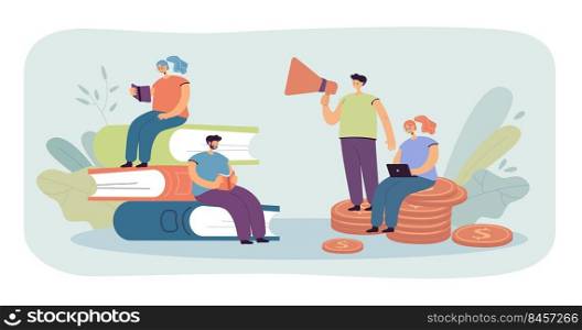 Cartoon people sitting on books and gold coins. Students reading and getting scholarship flat vector illustration. Investment in education, finance concept for banner, website design or landing page