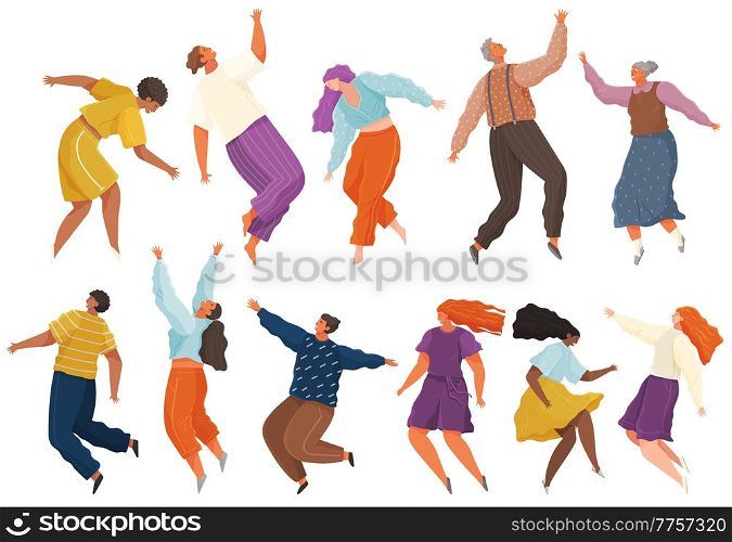 Cartoon people soaring and flying in the air dreaming person in movement pose isolated on white. Character floating in imagination dream. Person flying in dreams or sky wearing casual clothes. Cartoon people soaring and flying in the air dreaming vector illustration isolated on white