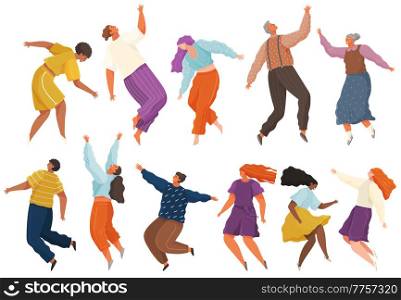Cartoon people soaring and flying in the air dreaming person in movement pose isolated on white. Character floating in imagination dream. Person flying in dreams or sky wearing casual clothes. Cartoon people soaring and flying in the air dreaming vector illustration isolated on white