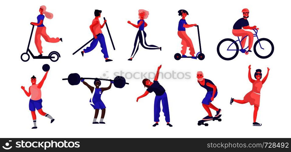 Cartoon people sport activities. Trendy flat characters running riding playing and doing workout. Vector illustration happy training persons set. Cartoon people sport activities. Trendy flat characters running riding playing and doing workout