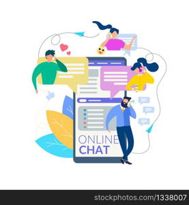 Cartoon People Talk on Mobile Phone. Messenger Interface Vector Illustration. Man Speak on Smartphone. Woman Call Friend. Conversation Online. Message Love Flirt Dialog Communication SMS Service. Cartoon People Talk Mobile Phone Message Interface