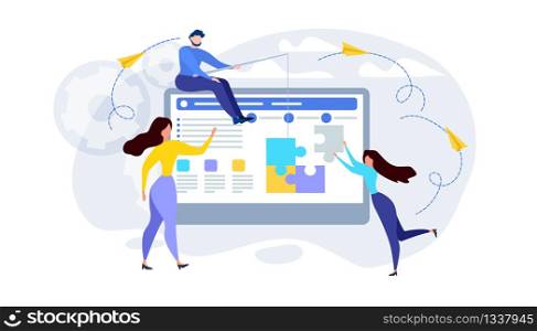 Cartoon People Team Join Jigsaw Puzzle Pieces on Computer Screen Vector Illustration. Layout Design Idea Teamwork. Man and Woman Creative Work Together. Integration Internet Business Cooperation. Cartoon People Join Jigsaw Puzzle Computer Screen