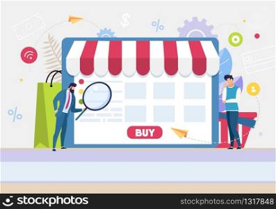 Cartoon People Use Application for Shopping Online and Searching Goods via Internet. Businessman in Suit Look for Purchasing with Magnifying Glass. Man Make Choice. Vector Digital Screen Illustration. Cartoon People Use Application for Shopping Online