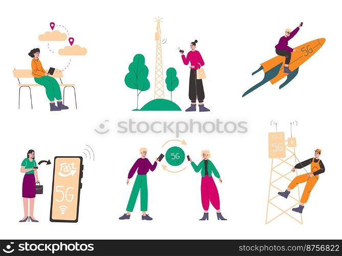 Cartoon people using 5G. High speed communications. Mobile network. WiFi web technologies. Digital transmitter towers. Wireless telecommunication. Cellular broadcast. Vector internet connection set. Cartoon people using 5G. High speed communications. Mobile network. WiFi technologies. Transmitter towers. Wireless telecommunication. Cellular broadcast. Vector internet connection set