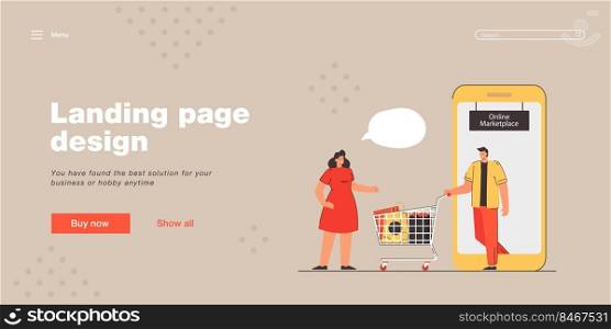 Cartoon people using online marketplace for shopping. Flat vector illustration. Woman greeting man coming out from smartphone with shopping cart full of products. Online shopping, market, food concept