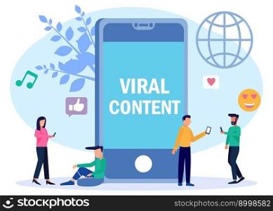 Cartoon People Vector Illustration Of Viral Content Concept. Tiny Characters on Big Phones with various icons. Social Media Blogs, Streaming Movies, Online Networking Likes, Interesting Followers.