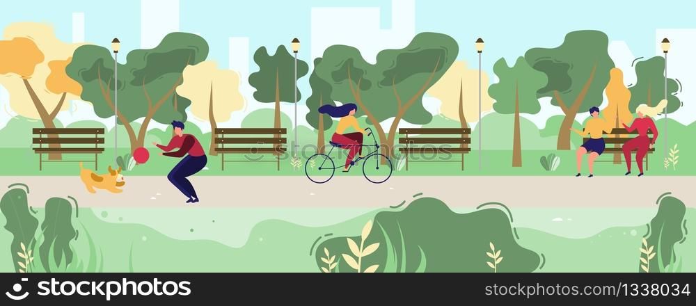 Cartoon People Walking in Flat Urban Public Park. Vector Man and Dog Playing with Ball, Woman Riding Bicycle, Talking Married Couple or Friends Sit on Bench Illustration. Communication and Relax. Cartoon People Walking in Flat Urban Public Park