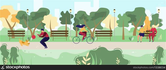 Cartoon People Walking in Flat Urban Public Park. Vector Man and Dog Playing with Ball, Woman Riding Bicycle, Talking Married Couple or Friends Sit on Bench Illustration. Communication and Relax. Cartoon People Walking in Flat Urban Public Park
